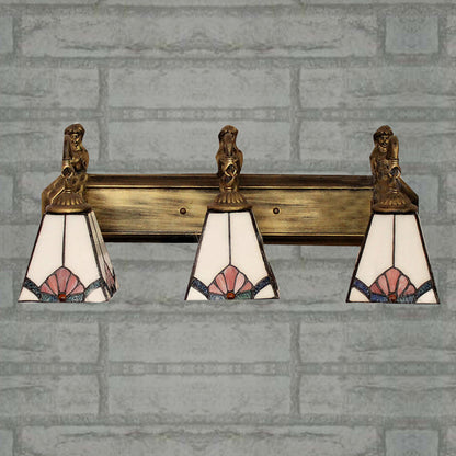 Trapezoid Wall Mount Light Tiffany White Glass 3 Lights Brass Vanity Light Fixture with Mermaid Decoration White Clearhalo 'Industrial' 'Middle century wall lights' 'Tiffany wall lights' 'Tiffany' 'Wall Lamps & Sconces' 'Wall Lights' Lighting' 179658