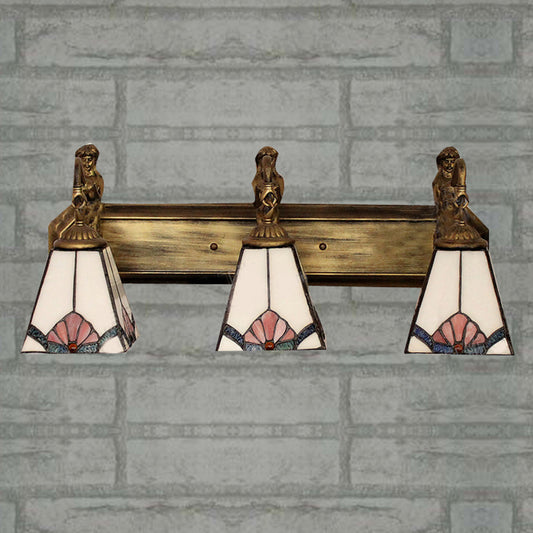 Trapezoid Wall Mount Light Tiffany White Glass 3 Lights Brass Vanity Light Fixture with Mermaid Decoration White Clearhalo 'Industrial' 'Middle century wall lights' 'Tiffany wall lights' 'Tiffany' 'Wall Lamps & Sconces' 'Wall Lights' Lighting' 179658