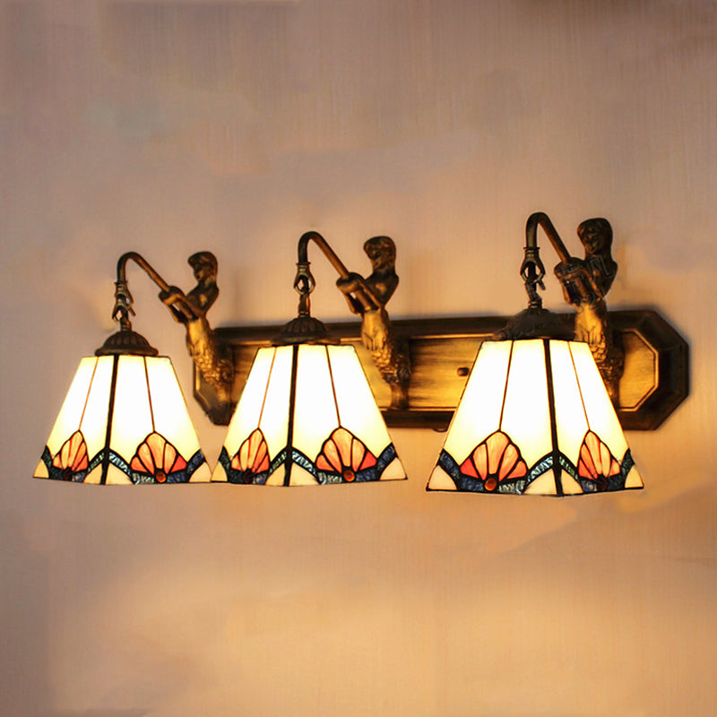 Trapezoid Wall Mount Light Tiffany White Glass 3 Lights Brass Vanity Light Fixture with Mermaid Decoration Clearhalo 'Industrial' 'Middle century wall lights' 'Tiffany wall lights' 'Tiffany' 'Wall Lamps & Sconces' 'Wall Lights' Lighting' 179659
