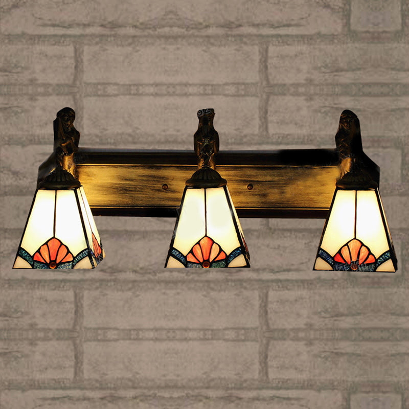 Trapezoid Wall Mount Light Tiffany White Glass 3 Lights Brass Vanity Light Fixture with Mermaid Decoration Clearhalo 'Industrial' 'Middle century wall lights' 'Tiffany wall lights' 'Tiffany' 'Wall Lamps & Sconces' 'Wall Lights' Lighting' 179660