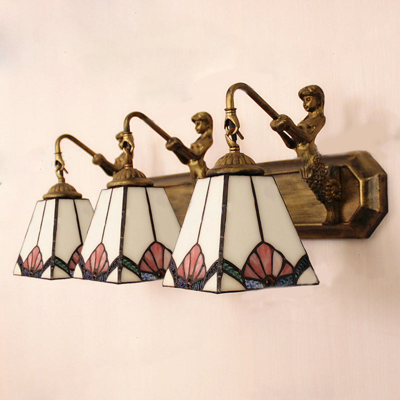 Trapezoid Wall Mount Light Tiffany White Glass 3 Lights Brass Vanity Light Fixture with Mermaid Decoration Clearhalo 'Industrial' 'Middle century wall lights' 'Tiffany wall lights' 'Tiffany' 'Wall Lamps & Sconces' 'Wall Lights' Lighting' 179661