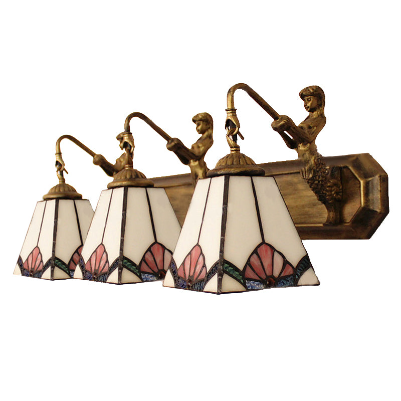 Trapezoid Wall Mount Light Tiffany White Glass 3 Lights Brass Vanity Light Fixture with Mermaid Decoration Clearhalo 'Industrial' 'Middle century wall lights' 'Tiffany wall lights' 'Tiffany' 'Wall Lamps & Sconces' 'Wall Lights' Lighting' 179662