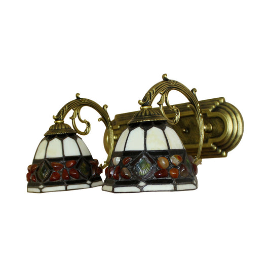 Hotel Bell Shade Wall Light with Curved Arm Stained Glass 2 Heads Tiffany Vintage Wall Lamp Clearhalo 'Industrial' 'Middle century wall lights' 'Tiffany wall lights' 'Tiffany' 'Wall Lamps & Sconces' 'Wall Lights' Lighting' 179666