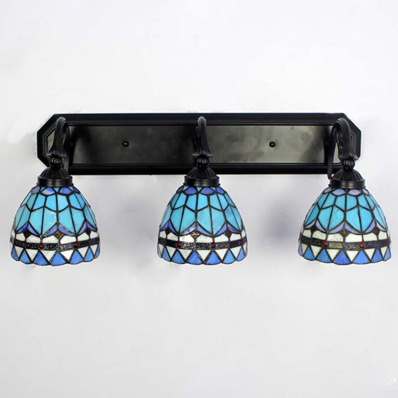 3 Heads Bowl Wall Mount Light Baroque Style Stained Glass Bathroom Vanity Light in Black Finish Blue Clearhalo 'Industrial' 'Middle century wall lights' 'Tiffany wall lights' 'Tiffany' 'Wall Lamps & Sconces' 'Wall Lights' Lighting' 179668