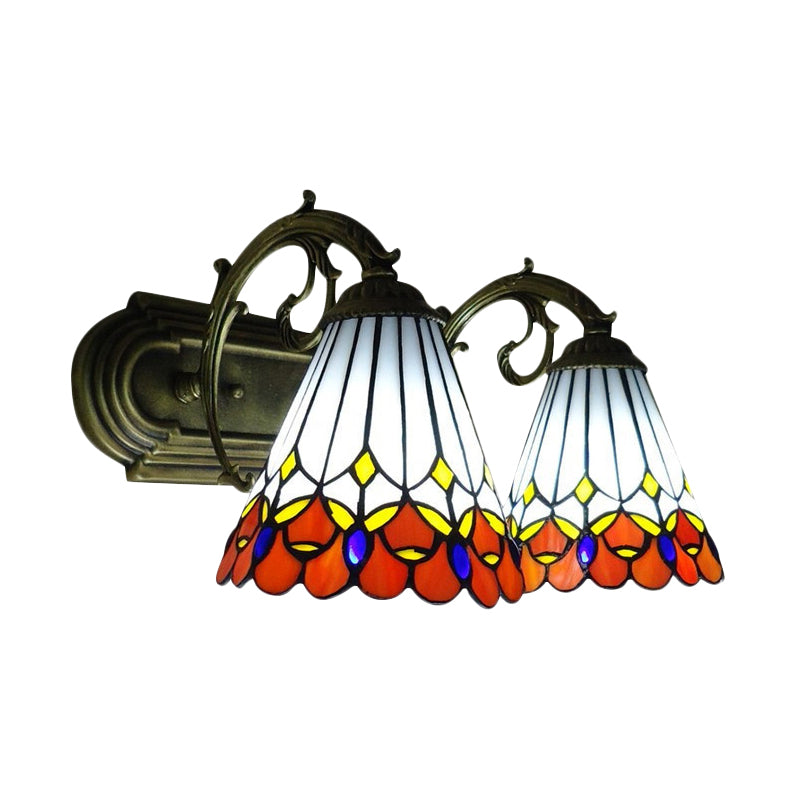Tiffany Vintage Orange Wall Sconce Cone Shade 2 Lights Art Glass Wall Light for Bathroom Clearhalo 'Industrial' 'Middle century wall lights' 'Tiffany wall lights' 'Tiffany' 'Wall Lamps & Sconces' 'Wall Lights' Lighting' 179675