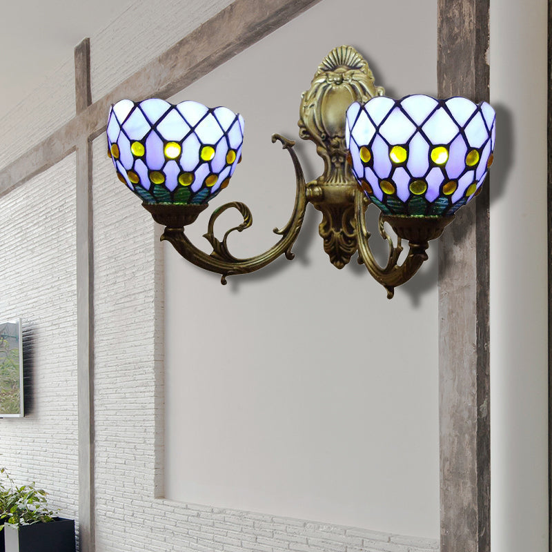 Blue Lattice Domed Wall Scone Two Lights Classic Tiffany Stained Glass Wall Light for Bar Blue Clearhalo 'Industrial' 'Middle century wall lights' 'Tiffany wall lights' 'Tiffany' 'Wall Lamps & Sconces' 'Wall Lights' Lighting' 179683