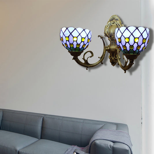 Blue Lattice Domed Wall Scone Two Lights Classic Tiffany Stained Glass Wall Light for Bar Clearhalo 'Industrial' 'Middle century wall lights' 'Tiffany wall lights' 'Tiffany' 'Wall Lamps & Sconces' 'Wall Lights' Lighting' 179684