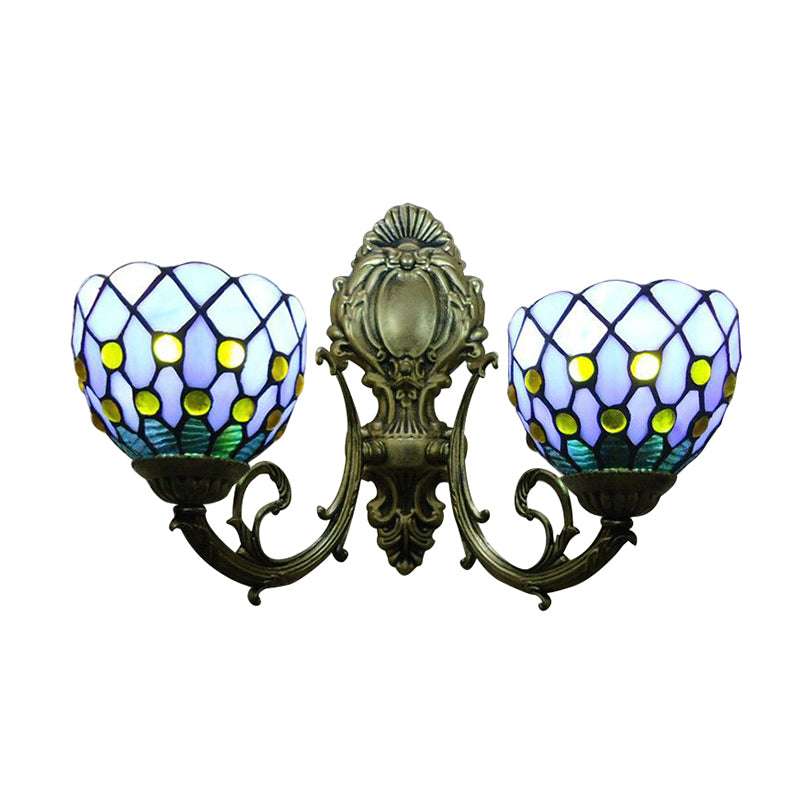 Blue Lattice Domed Wall Scone Two Lights Classic Tiffany Stained Glass Wall Light for Bar Clearhalo 'Industrial' 'Middle century wall lights' 'Tiffany wall lights' 'Tiffany' 'Wall Lamps & Sconces' 'Wall Lights' Lighting' 179685