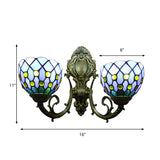 Blue Lattice Domed Wall Scone Two Lights Classic Tiffany Stained Glass Wall Light for Bar Clearhalo 'Industrial' 'Middle century wall lights' 'Tiffany wall lights' 'Tiffany' 'Wall Lamps & Sconces' 'Wall Lights' Lighting' 179686