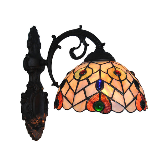 Rustic Loft Dome Wall Sconce Stained Glass 1 Head Wall Mount Light with Curved Arm for Dining Room Clearhalo 'Cast Iron' 'Glass' 'Industrial' 'Middle century wall lights' 'Modern' 'Tiffany wall lights' 'Tiffany' 'Traditional wall lights' 'Wall Lamps & Sconces' 'Wall Lights' Lighting' 179689