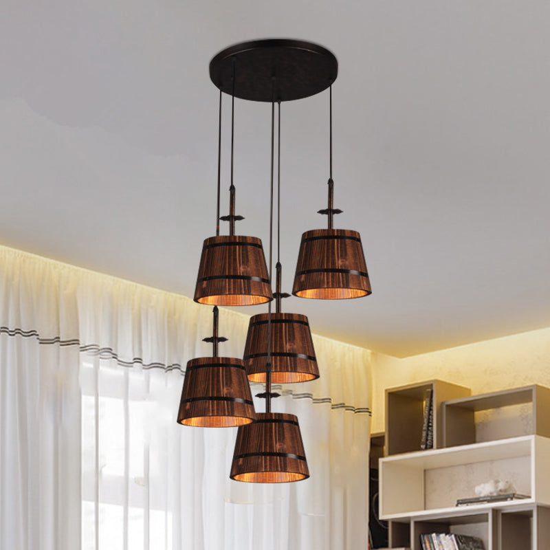 Wooden Bucket Suspension Light Lodge Cafe 4-Light Country Style Pendant Light in Brown Clearhalo 'Art Deco Pendants' 'Black' 'Cast Iron' 'Ceiling Lights' 'Ceramic' 'Crystal' 'Industrial Pendants' 'Industrial' 'Metal' 'Middle Century Pendants' 'Pendant Lights' 'Pendants' 'Rustic Pendants' 'Tiffany' Lighting' 1796904