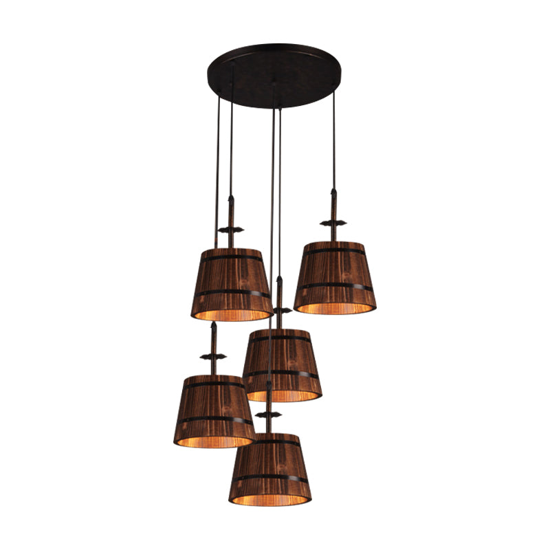 Wooden Bucket Suspension Light Lodge Cafe 4-Light Country Style Pendant Light in Brown Clearhalo 'Art Deco Pendants' 'Black' 'Cast Iron' 'Ceiling Lights' 'Ceramic' 'Crystal' 'Industrial Pendants' 'Industrial' 'Metal' 'Middle Century Pendants' 'Pendant Lights' 'Pendants' 'Rustic Pendants' 'Tiffany' Lighting' 1796905