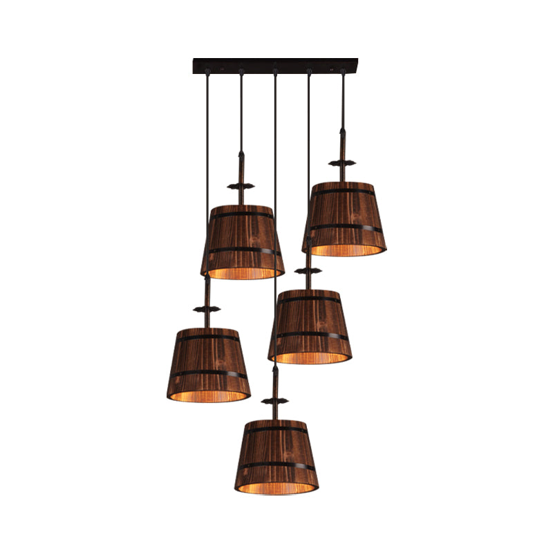 Wooden Bucket Suspension Light Lodge Cafe 4-Light Country Style Pendant Light in Brown Clearhalo 'Art Deco Pendants' 'Black' 'Cast Iron' 'Ceiling Lights' 'Ceramic' 'Crystal' 'Industrial Pendants' 'Industrial' 'Metal' 'Middle Century Pendants' 'Pendant Lights' 'Pendants' 'Rustic Pendants' 'Tiffany' Lighting' 1796909