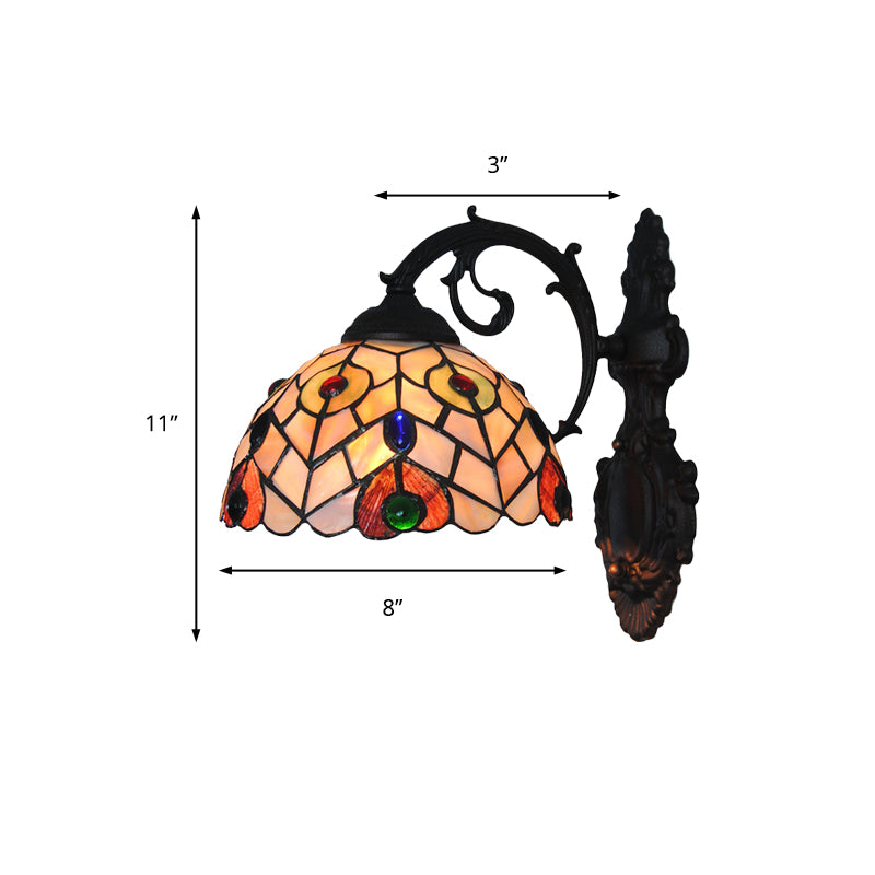 Rustic Loft Dome Wall Sconce Stained Glass 1 Head Wall Mount Light with Curved Arm for Dining Room Clearhalo 'Cast Iron' 'Glass' 'Industrial' 'Middle century wall lights' 'Modern' 'Tiffany wall lights' 'Tiffany' 'Traditional wall lights' 'Wall Lamps & Sconces' 'Wall Lights' Lighting' 179691