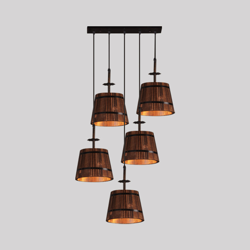 Wooden Bucket Suspension Light Lodge Cafe 4-Light Country Style Pendant Light in Brown Clearhalo 'Art Deco Pendants' 'Black' 'Cast Iron' 'Ceiling Lights' 'Ceramic' 'Crystal' 'Industrial Pendants' 'Industrial' 'Metal' 'Middle Century Pendants' 'Pendant Lights' 'Pendants' 'Rustic Pendants' 'Tiffany' Lighting' 1796910