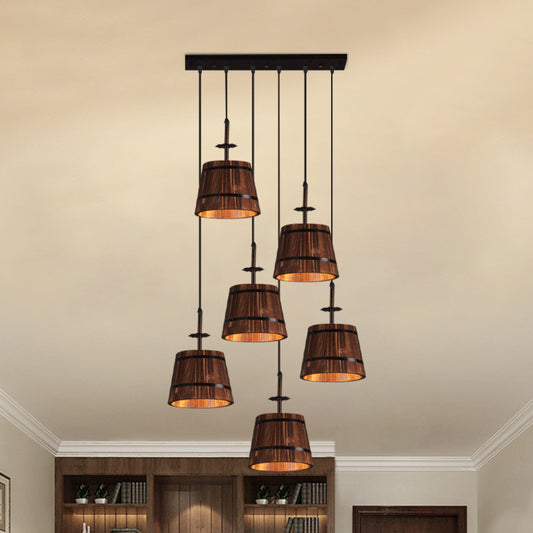 Wooden Tapered Shade Pendant Lighting 6-Light Industrial Hanging Light in Brown for Coffee Shop Clearhalo 'Art Deco Pendants' 'Black' 'Cast Iron' 'Ceiling Lights' 'Ceramic' 'Crystal' 'Industrial Pendants' 'Industrial' 'Metal' 'Middle Century Pendants' 'Pendant Lights' 'Pendants' 'Rustic Pendants' 'Tiffany' Lighting' 1796918