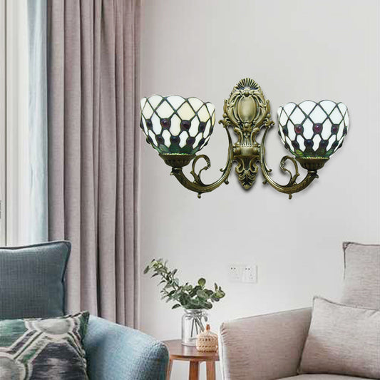 2-Bulb Lattice Bowl Wall Sconce Tiffany Traditional Wall Lamp in Blue/Beige for Bathroom Beige Clearhalo 'Industrial' 'Middle century wall lights' 'Tiffany wall lights' 'Tiffany' 'Wall Lamps & Sconces' 'Wall Lights' Lighting' 179692