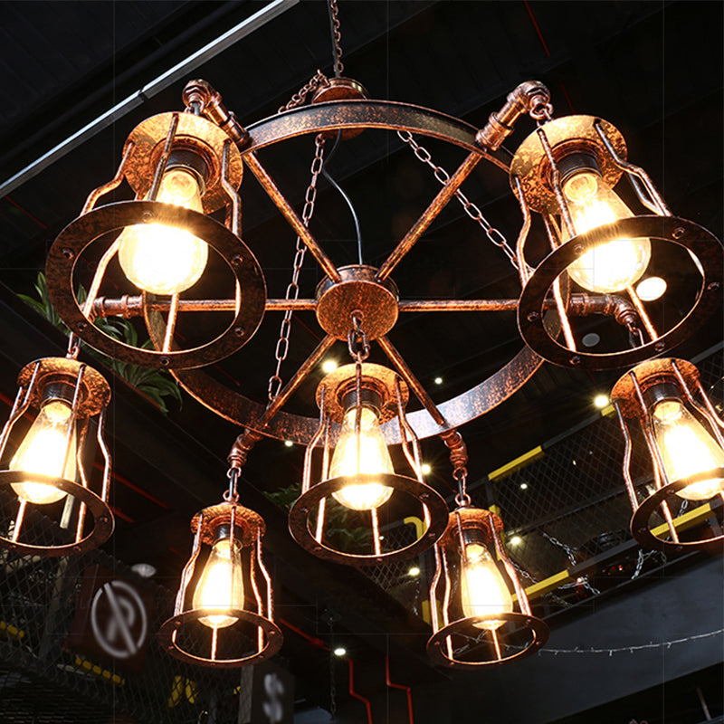 Dark Rust 7 Lights Pendant Light Farmhouse Wrought Iron Bell Cage Hanging Chandelier Lamp with Wheel Design Clearhalo 'Cast Iron' 'Ceiling Lights' 'Chandeliers' 'Industrial Chandeliers' 'Industrial' 'Metal' 'Middle Century Chandeliers' 'Rustic Chandeliers' 'Tiffany' Lighting' 1796938