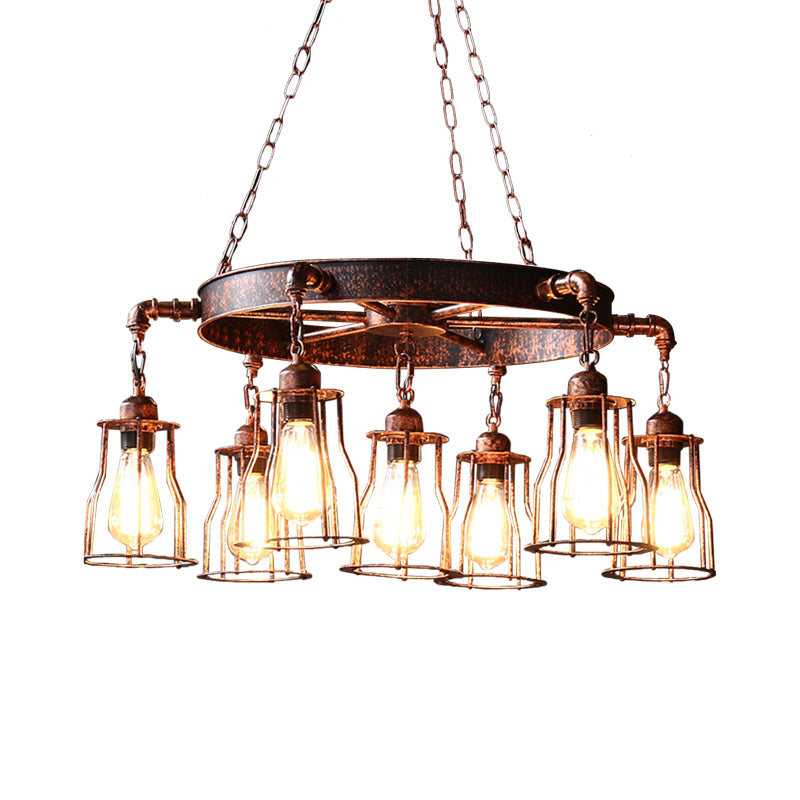 Dark Rust 7 Lights Pendant Light Farmhouse Wrought Iron Bell Cage Hanging Chandelier Lamp with Wheel Design Clearhalo 'Cast Iron' 'Ceiling Lights' 'Chandeliers' 'Industrial Chandeliers' 'Industrial' 'Metal' 'Middle Century Chandeliers' 'Rustic Chandeliers' 'Tiffany' Lighting' 1796939