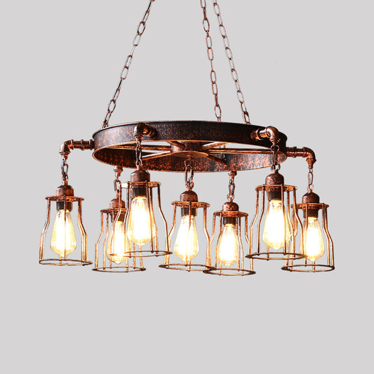 Dark Rust 7 Lights Pendant Light Farmhouse Wrought Iron Bell Cage Hanging Chandelier Lamp with Wheel Design Clearhalo 'Cast Iron' 'Ceiling Lights' 'Chandeliers' 'Industrial Chandeliers' 'Industrial' 'Metal' 'Middle Century Chandeliers' 'Rustic Chandeliers' 'Tiffany' Lighting' 1796940