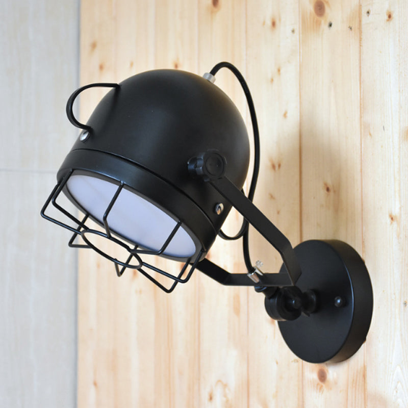 Black 1 Head Wall Lighting Vintage Metal Dome Shade Rotatable Wall Sconce with Wire Frame for Corridor Black Clearhalo 'Art deco wall lights' 'Cast Iron' 'Glass' 'Industrial wall lights' 'Industrial' 'Middle century wall lights' 'Modern' 'Rustic wall lights' 'Tiffany' 'Traditional wall lights' 'Wall Lamps & Sconces' 'Wall Lights' Lighting' 1796947