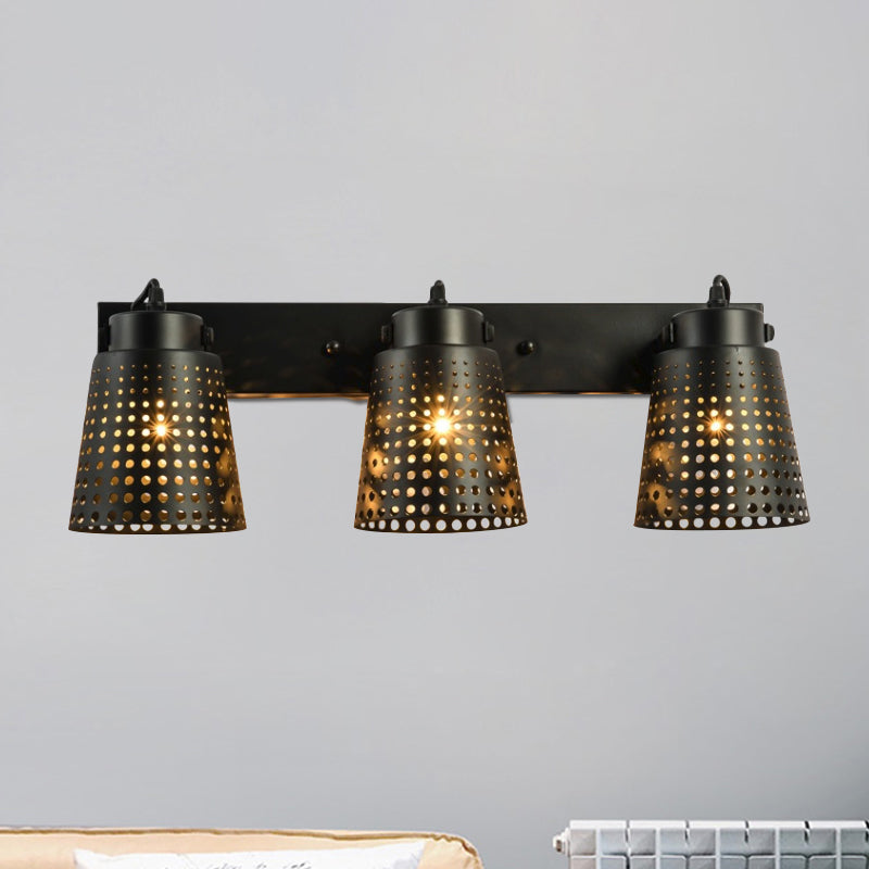 Tapered Metal Wall Light Fixture with Hollow Out Design Industrial 1/2/3-Head Indoor Rotatable Wall Sconce in Black 3.0 Black Clearhalo 'Art deco wall lights' 'Cast Iron' 'Glass' 'Industrial wall lights' 'Industrial' 'Middle century wall lights' 'Modern' 'Rustic wall lights' 'Tiffany' 'Traditional wall lights' 'Wall Lamps & Sconces' 'Wall Lights' Lighting' 1796952