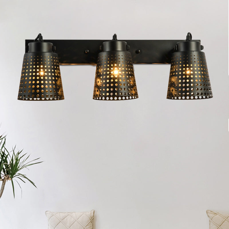 Tapered Metal Wall Light Fixture with Hollow Out Design Industrial 1/2/3-Head Indoor Rotatable Wall Sconce in Black Clearhalo 'Art deco wall lights' 'Cast Iron' 'Glass' 'Industrial wall lights' 'Industrial' 'Middle century wall lights' 'Modern' 'Rustic wall lights' 'Tiffany' 'Traditional wall lights' 'Wall Lamps & Sconces' 'Wall Lights' Lighting' 1796953