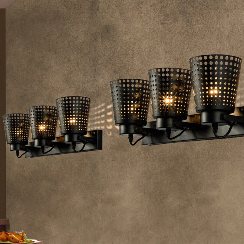 Tapered Metal Wall Light Fixture with Hollow Out Design Industrial 1/2/3-Head Indoor Rotatable Wall Sconce in Black Clearhalo 'Art deco wall lights' 'Cast Iron' 'Glass' 'Industrial wall lights' 'Industrial' 'Middle century wall lights' 'Modern' 'Rustic wall lights' 'Tiffany' 'Traditional wall lights' 'Wall Lamps & Sconces' 'Wall Lights' Lighting' 1796954