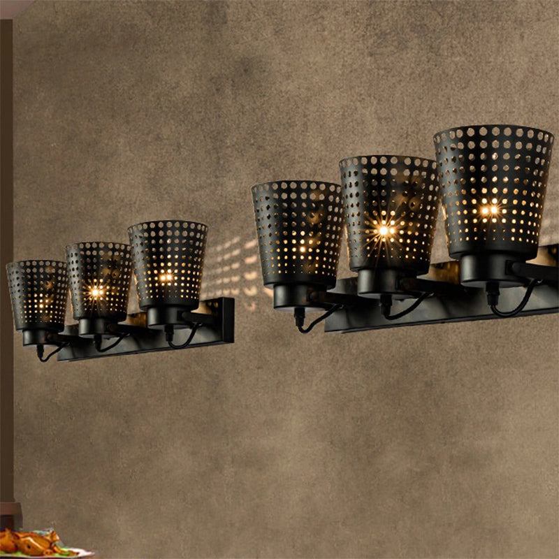 Tapered Metal Wall Light Fixture with Hollow Out Design Industrial 1/2/3-Head Indoor Rotatable Wall Sconce in Black Clearhalo 'Art deco wall lights' 'Cast Iron' 'Glass' 'Industrial wall lights' 'Industrial' 'Middle century wall lights' 'Modern' 'Rustic wall lights' 'Tiffany' 'Traditional wall lights' 'Wall Lamps & Sconces' 'Wall Lights' Lighting' 1796954