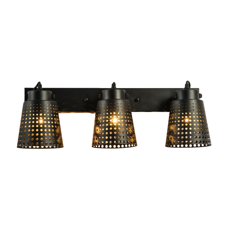 Tapered Metal Wall Light Fixture with Hollow Out Design Industrial 1/2/3-Head Indoor Rotatable Wall Sconce in Black Clearhalo 'Art deco wall lights' 'Cast Iron' 'Glass' 'Industrial wall lights' 'Industrial' 'Middle century wall lights' 'Modern' 'Rustic wall lights' 'Tiffany' 'Traditional wall lights' 'Wall Lamps & Sconces' 'Wall Lights' Lighting' 1796955
