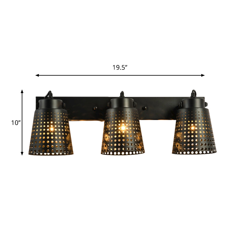 Tapered Metal Wall Light Fixture with Hollow Out Design Industrial 1/2/3-Head Indoor Rotatable Wall Sconce in Black Clearhalo 'Art deco wall lights' 'Cast Iron' 'Glass' 'Industrial wall lights' 'Industrial' 'Middle century wall lights' 'Modern' 'Rustic wall lights' 'Tiffany' 'Traditional wall lights' 'Wall Lamps & Sconces' 'Wall Lights' Lighting' 1796956
