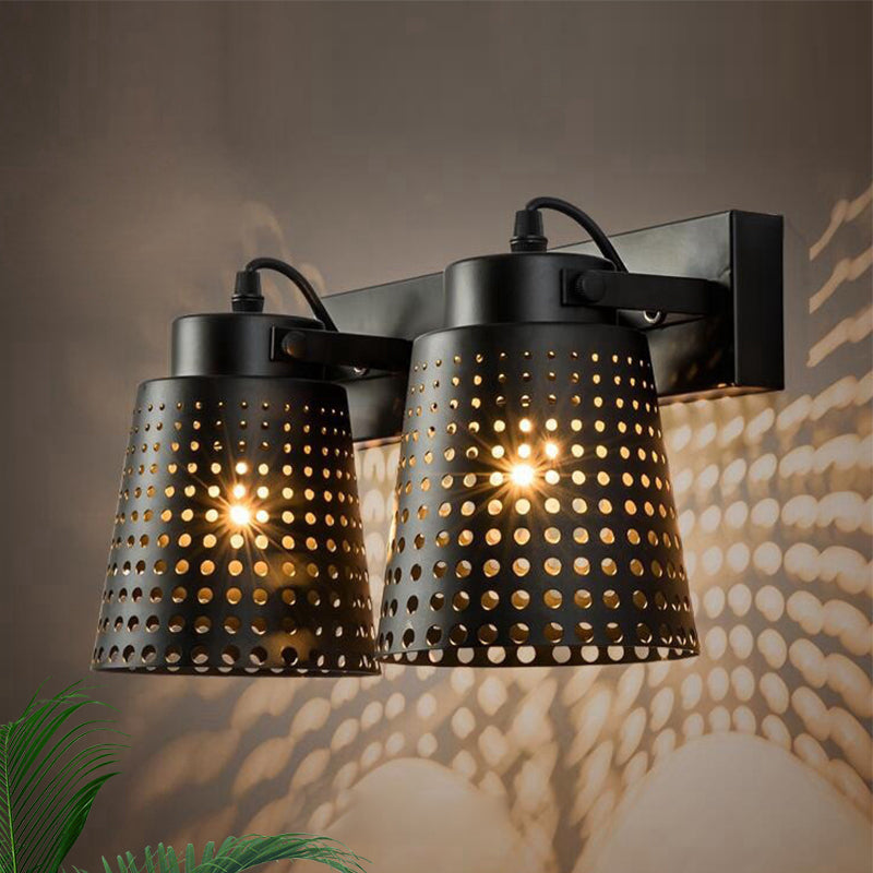 Tapered Metal Wall Light Fixture with Hollow Out Design Industrial 1/2/3-Head Indoor Rotatable Wall Sconce in Black Clearhalo 'Art deco wall lights' 'Cast Iron' 'Glass' 'Industrial wall lights' 'Industrial' 'Middle century wall lights' 'Modern' 'Rustic wall lights' 'Tiffany' 'Traditional wall lights' 'Wall Lamps & Sconces' 'Wall Lights' Lighting' 1796959