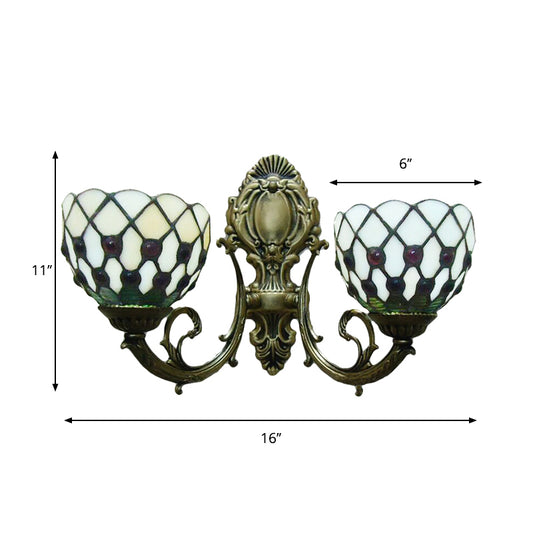 2-Bulb Lattice Bowl Wall Sconce Tiffany Traditional Wall Lamp in Blue/Beige for Bathroom Clearhalo 'Industrial' 'Middle century wall lights' 'Tiffany wall lights' 'Tiffany' 'Wall Lamps & Sconces' 'Wall Lights' Lighting' 179695