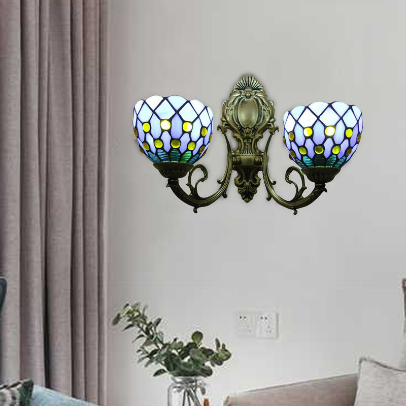 2-Bulb Lattice Bowl Wall Sconce Tiffany Traditional Wall Lamp in Blue/Beige for Bathroom Blue Clearhalo 'Industrial' 'Middle century wall lights' 'Tiffany wall lights' 'Tiffany' 'Wall Lamps & Sconces' 'Wall Lights' Lighting' 179696