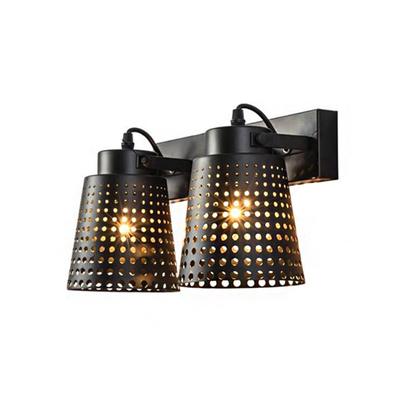 Tapered Metal Wall Light Fixture with Hollow Out Design Industrial 1/2/3-Head Indoor Rotatable Wall Sconce in Black Clearhalo 'Art deco wall lights' 'Cast Iron' 'Glass' 'Industrial wall lights' 'Industrial' 'Middle century wall lights' 'Modern' 'Rustic wall lights' 'Tiffany' 'Traditional wall lights' 'Wall Lamps & Sconces' 'Wall Lights' Lighting' 1796960