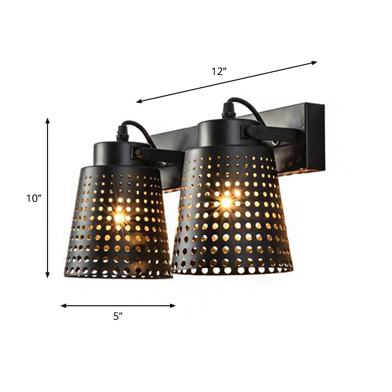Tapered Metal Wall Light Fixture with Hollow Out Design Industrial 1/2/3-Head Indoor Rotatable Wall Sconce in Black Clearhalo 'Art deco wall lights' 'Cast Iron' 'Glass' 'Industrial wall lights' 'Industrial' 'Middle century wall lights' 'Modern' 'Rustic wall lights' 'Tiffany' 'Traditional wall lights' 'Wall Lamps & Sconces' 'Wall Lights' Lighting' 1796961