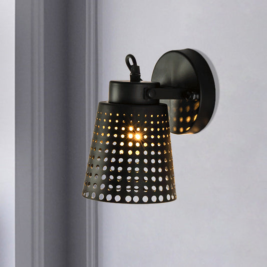 Tapered Metal Wall Light Fixture with Hollow Out Design Industrial 1/2/3-Head Indoor Rotatable Wall Sconce in Black 1.0 Black Clearhalo 'Art deco wall lights' 'Cast Iron' 'Glass' 'Industrial wall lights' 'Industrial' 'Middle century wall lights' 'Modern' 'Rustic wall lights' 'Tiffany' 'Traditional wall lights' 'Wall Lamps & Sconces' 'Wall Lights' Lighting' 1796962