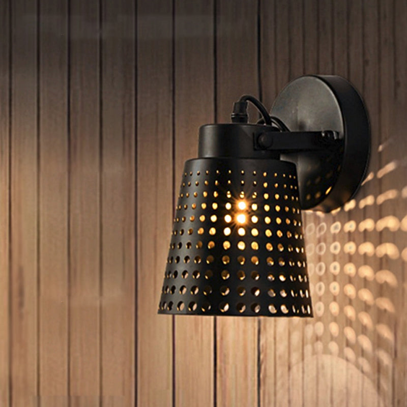 Tapered Metal Wall Light Fixture with Hollow Out Design Industrial 1/2/3-Head Indoor Rotatable Wall Sconce in Black Clearhalo 'Art deco wall lights' 'Cast Iron' 'Glass' 'Industrial wall lights' 'Industrial' 'Middle century wall lights' 'Modern' 'Rustic wall lights' 'Tiffany' 'Traditional wall lights' 'Wall Lamps & Sconces' 'Wall Lights' Lighting' 1796963