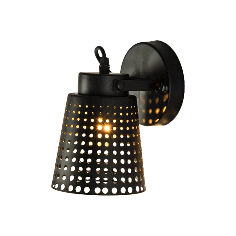 Tapered Metal Wall Light Fixture with Hollow Out Design Industrial 1/2/3-Head Indoor Rotatable Wall Sconce in Black Clearhalo 'Art deco wall lights' 'Cast Iron' 'Glass' 'Industrial wall lights' 'Industrial' 'Middle century wall lights' 'Modern' 'Rustic wall lights' 'Tiffany' 'Traditional wall lights' 'Wall Lamps & Sconces' 'Wall Lights' Lighting' 1796964