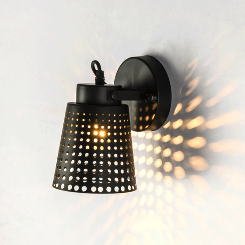 Tapered Metal Wall Light Fixture with Hollow Out Design Industrial 1/2/3-Head Indoor Rotatable Wall Sconce in Black Clearhalo 'Art deco wall lights' 'Cast Iron' 'Glass' 'Industrial wall lights' 'Industrial' 'Middle century wall lights' 'Modern' 'Rustic wall lights' 'Tiffany' 'Traditional wall lights' 'Wall Lamps & Sconces' 'Wall Lights' Lighting' 1796965