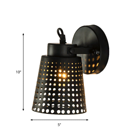 Tapered Metal Wall Light Fixture with Hollow Out Design Industrial 1/2/3-Head Indoor Rotatable Wall Sconce in Black Clearhalo 'Art deco wall lights' 'Cast Iron' 'Glass' 'Industrial wall lights' 'Industrial' 'Middle century wall lights' 'Modern' 'Rustic wall lights' 'Tiffany' 'Traditional wall lights' 'Wall Lamps & Sconces' 'Wall Lights' Lighting' 1796966