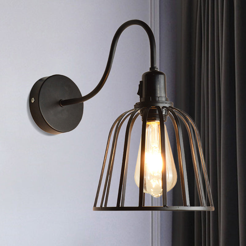 Gooseneck Arm Metal Sconce Lighting with Bell Cage Shade Retro 1 Light Dining Room Wall Lamp in Black Black Clearhalo 'Art deco wall lights' 'Cast Iron' 'Glass' 'Industrial wall lights' 'Industrial' 'Middle century wall lights' 'Modern' 'Rustic wall lights' 'Tiffany' 'Traditional wall lights' 'Wall Lamps & Sconces' 'Wall Lights' Lighting' 1796967