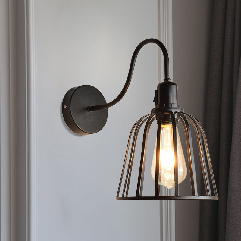 Gooseneck Arm Metal Sconce Lighting with Bell Cage Shade Retro 1 Light Dining Room Wall Lamp in Black Clearhalo 'Art deco wall lights' 'Cast Iron' 'Glass' 'Industrial wall lights' 'Industrial' 'Middle century wall lights' 'Modern' 'Rustic wall lights' 'Tiffany' 'Traditional wall lights' 'Wall Lamps & Sconces' 'Wall Lights' Lighting' 1796968