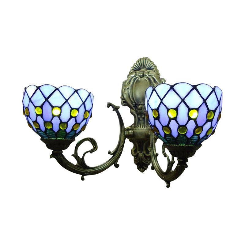 2-Bulb Lattice Bowl Wall Sconce Tiffany Traditional Wall Lamp in Blue/Beige for Bathroom Clearhalo 'Industrial' 'Middle century wall lights' 'Tiffany wall lights' 'Tiffany' 'Wall Lamps & Sconces' 'Wall Lights' Lighting' 179697