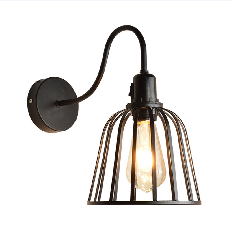 Gooseneck Arm Metal Sconce Lighting with Bell Cage Shade Retro 1 Light Dining Room Wall Lamp in Black Clearhalo 'Art deco wall lights' 'Cast Iron' 'Glass' 'Industrial wall lights' 'Industrial' 'Middle century wall lights' 'Modern' 'Rustic wall lights' 'Tiffany' 'Traditional wall lights' 'Wall Lamps & Sconces' 'Wall Lights' Lighting' 1796970