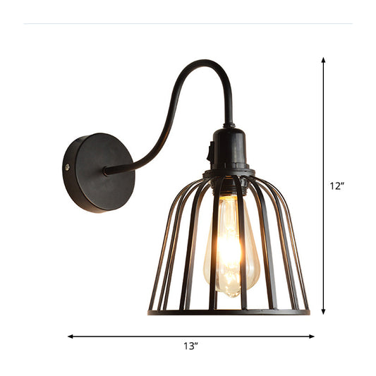 Gooseneck Arm Metal Sconce Lighting with Bell Cage Shade Retro 1 Light Dining Room Wall Lamp in Black Clearhalo 'Art deco wall lights' 'Cast Iron' 'Glass' 'Industrial wall lights' 'Industrial' 'Middle century wall lights' 'Modern' 'Rustic wall lights' 'Tiffany' 'Traditional wall lights' 'Wall Lamps & Sconces' 'Wall Lights' Lighting' 1796971