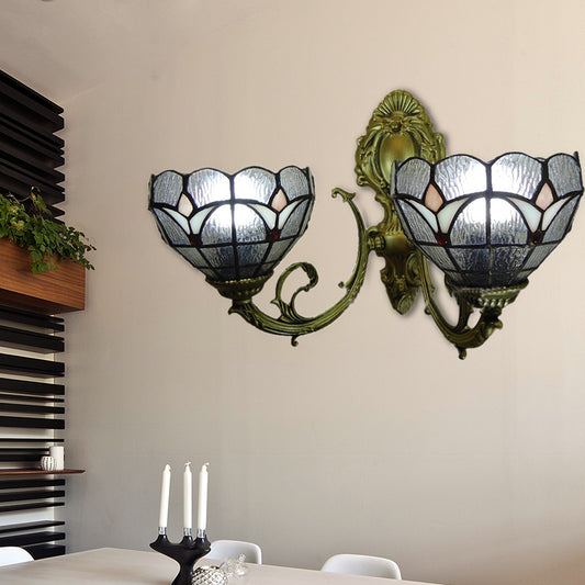 Art Glass Bowl Wall Sconce Cafe Restaurant 2-Bulb Tiffany Classic Clear Wall Lamp for Front Door Clearhalo 'Industrial' 'Middle century wall lights' 'Tiffany wall lights' 'Tiffany' 'Wall Lamps & Sconces' 'Wall Lights' Lighting' 179699