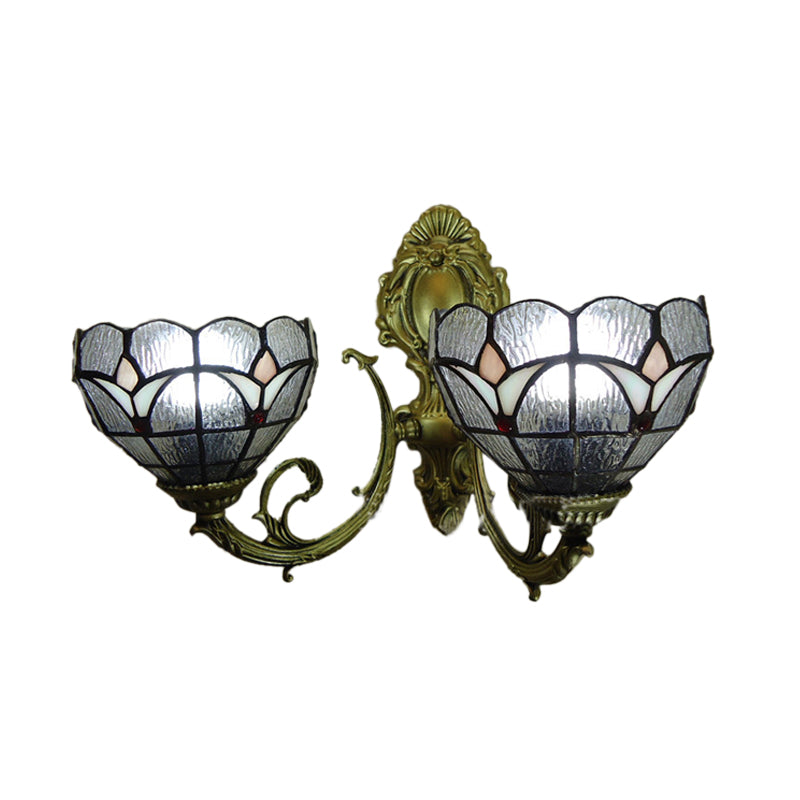 Art Glass Bowl Wall Sconce Cafe Restaurant 2-Bulb Tiffany Classic Clear Wall Lamp for Front Door Clearhalo 'Industrial' 'Middle century wall lights' 'Tiffany wall lights' 'Tiffany' 'Wall Lamps & Sconces' 'Wall Lights' Lighting' 179700