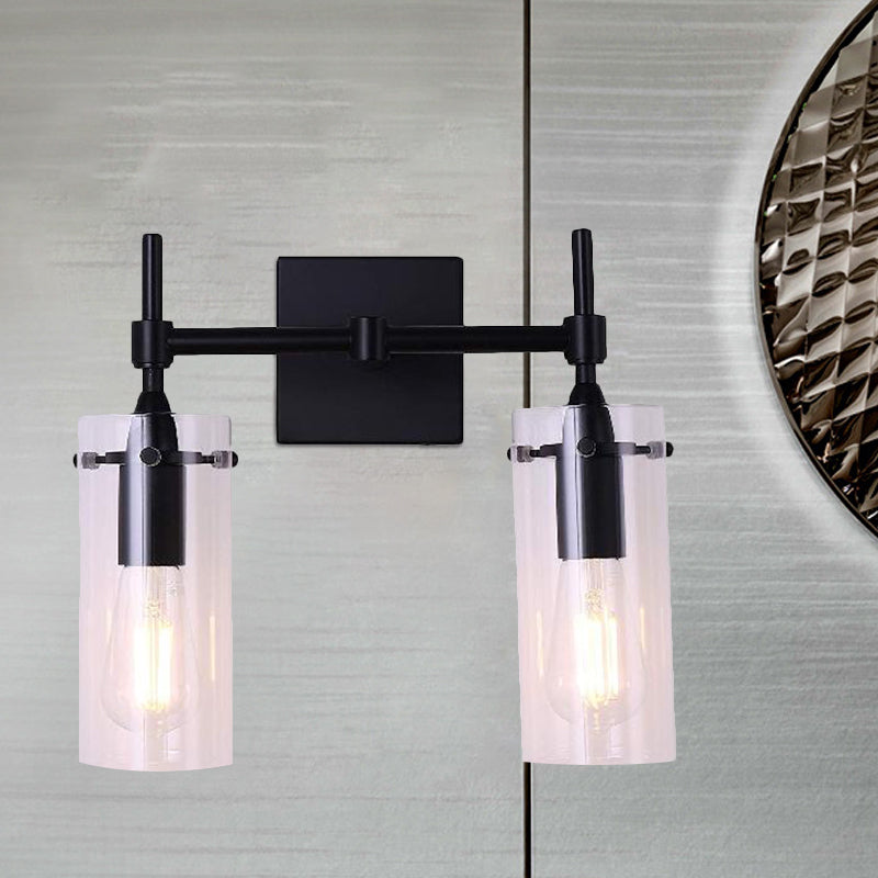 Clear Glass Tube Wall Lighting Kitchen Bathroom 2 Lights Antique Wall Lamp in Black Clearhalo 'Cast Iron' 'Glass' 'Industrial wall lights' 'Industrial' 'Middle century wall lights' 'Modern' 'Tiffany' 'Traditional wall lights' 'Wall Lamps & Sconces' 'Wall Lights' Lighting' 1797001