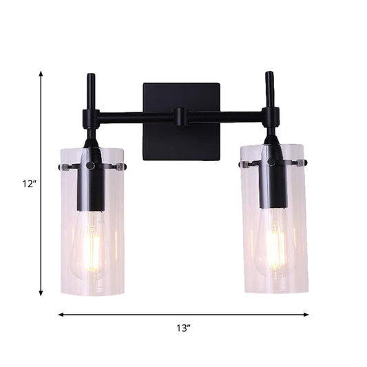 Clear Glass Tube Wall Lighting Kitchen Bathroom 2 Lights Antique Wall Lamp in Black Clearhalo 'Cast Iron' 'Glass' 'Industrial wall lights' 'Industrial' 'Middle century wall lights' 'Modern' 'Tiffany' 'Traditional wall lights' 'Wall Lamps & Sconces' 'Wall Lights' Lighting' 1797003